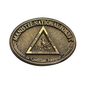Vtg Belt Buckle Manistee National Forest Solid Brass 1990 USA Made 3.25" x 2.25"
